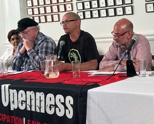 L to R: Media veteran Zubeida Jaffer; journalist Terry Bell; Brandan Reynolds, Argus cartoonist; Farid Sayed, Muslim Views editor.